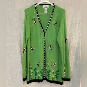 Quacker Factory BumbleBee Floral Cardigan full button front Sweater, Fits like L
